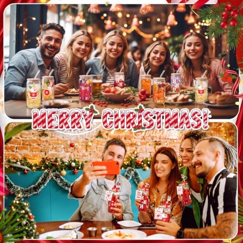 Vesici 6 Set Christmas Glasses Cups 16 oz Xmas Drink Cup with Lid Straw and Stopper Can Shaped Beer Tumbler Xmas Appreciation Gifts with Cards and Bow for Women Birthday Party Favor(Classic Christmas) - Image 6