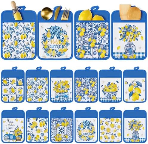 Jingmore 12 Pcs Lemon Pot Holders with Pocket Italian Amalfi Coast Blue and White Potholders Chinoiserie Lemon Hot Pads and Oven Mitts Gloves Housewarming Gifts for Summer Kitchen Baking Cooking by Jingmore