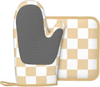 Checkered Beige Silicone Oven Mitts Pan Mats Set of 2, Heat Resistant Gloves - Image 2