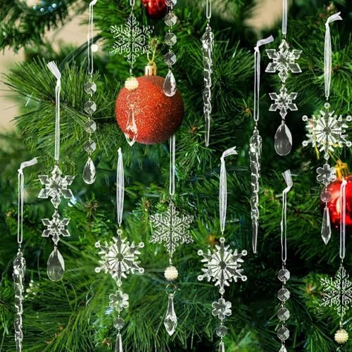 Acrylic Christmas Ornaments, 32 Pack Snowflake & Icicle Tree Decorations - Image 2