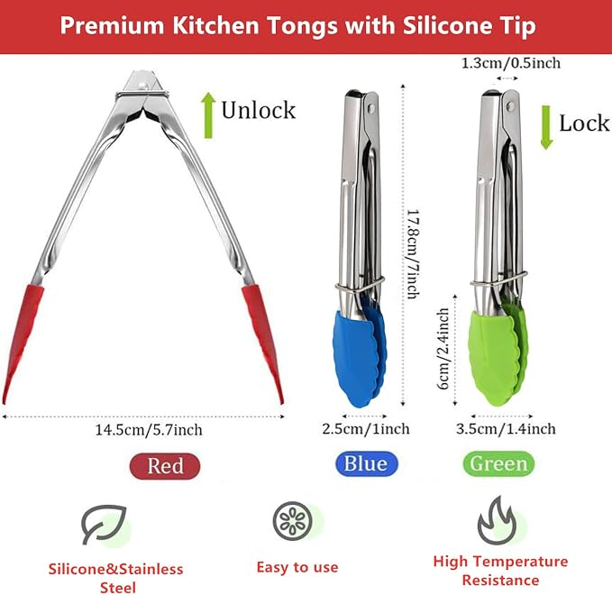 Mini Kitchen Tongs with Silicone Tips, 3-Piece Set, 7-Inch Non-Stick Tongs with - Image 2