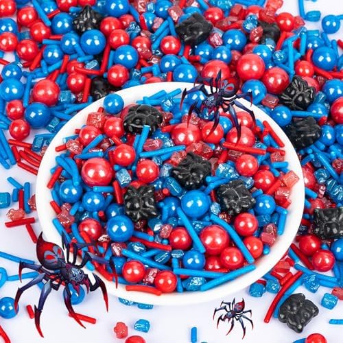 Edible Spider Sprinkles,Black Spider,Hero Sprinkle,Spiderman Sprinkle for Cake,Red Blue Pearls Jimmies and Sanding Sugar Crystals for Desserts Decorating,130g,Cupcakes Cookie Donuts Ice Cream Decorations,Themed Toppers,Birthday,Children's Party Supplies by Sugarzy