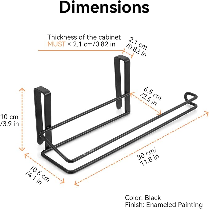 T.R.Sani. Black Paper Towel Holder Under Cabinet, Over The Cabinet Door Paper - Image 3