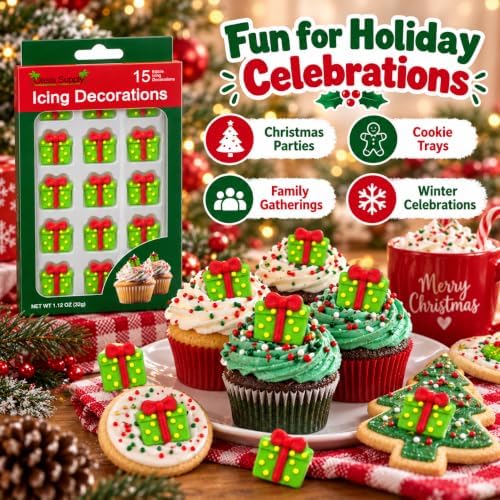 Oasis Supply Christmas Presents Edible Icing Decorations – 15 Count – Green Gift Box Cake & Cupcake Toppers for Cookies, Cakes, Cupcakes & Holiday Desserts - Image 5