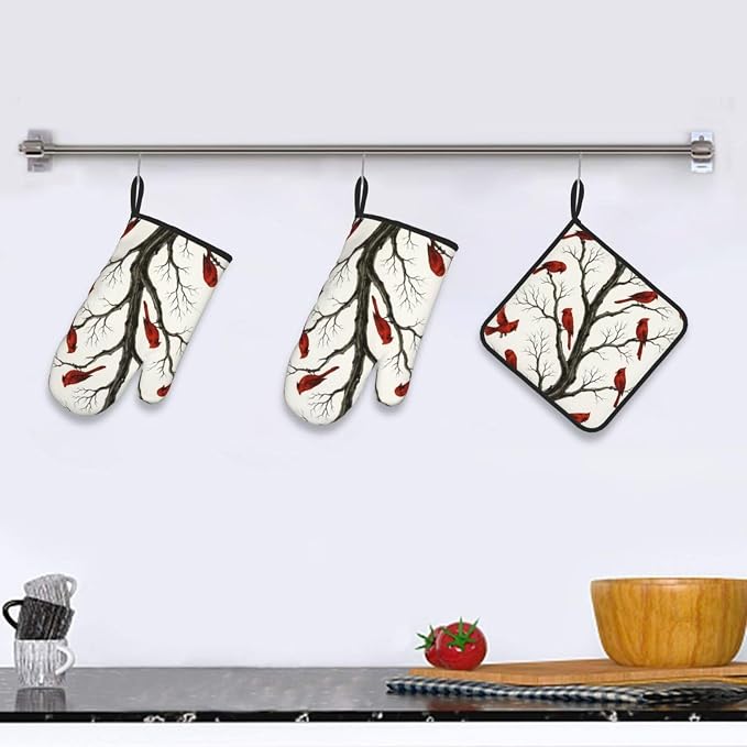 Christmas Pot Holders and Oven Mitts Set of 3, Winter Red Cardinal Kitchen - Image 6