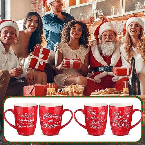 4 Pcs Snowflake Christmas Ceramic Mugs Set, Red Holiday Coffee Cup - Image 5