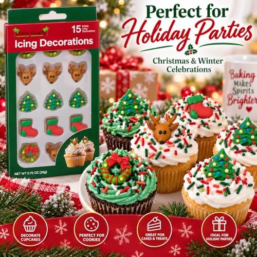 Oasis Supply Christmas Edible Cake Decorations, 15 Count – Holiday Candy Cupcake Toppers with Trees, Boots, Reindeer & Wreaths for Cakes, Cupcakes, Cookies & Desserts - Image 6