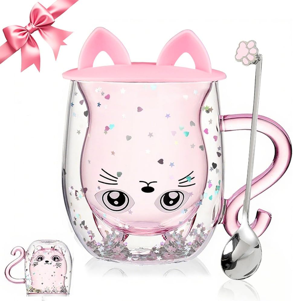 Gifts for Women Cat Gifts Double Walled Glass Coffee Latte Cup Cute Stuff Cat Mug Gifts for Her Christmas Stocking Fillers,Birthday,Valentines,Halloween Presents for Women,Kid,Mum,Teacher by WELOCMETOBINOSTER