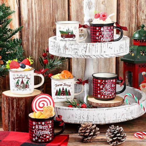 6 Pcs Christmas Mini Coffee Mugs Gifts with Plaid Ribbons Red Black Plaid Xmas Tree Truck 5 oz Christmas Ceramic Cups for Tiered Tray Decor Holiday Party Bar Kitchen Decorations - Image 6