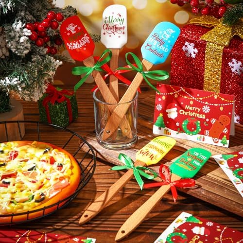 Newtay 20 Sets Christmas Silicone Spatula Cake Spatula Bulk Cooking Scraper with Wooden Handle Xmas Greeting Card Ribbon for Christmas Decoration Holiday Gifts Kitchen Party Favors (Classic Style) - Image 3