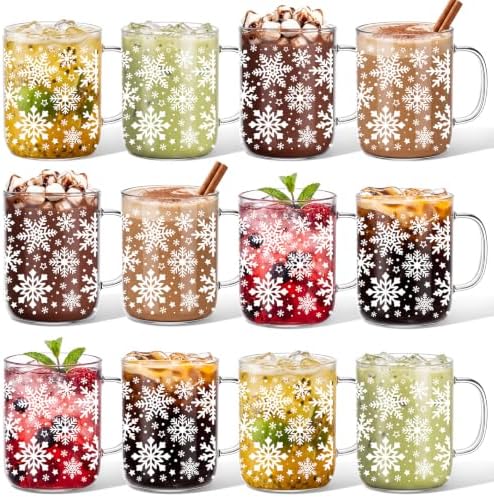 12 Pcs Christmas Glass Mugs with Handle Winter Xmas Coffee Mugs, Snowflakes by Havawish