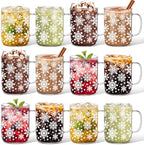 12 Pcs Christmas Glass Mugs with Handle Winter Xmas Coffee Mugs, Snowflakes by Havawish