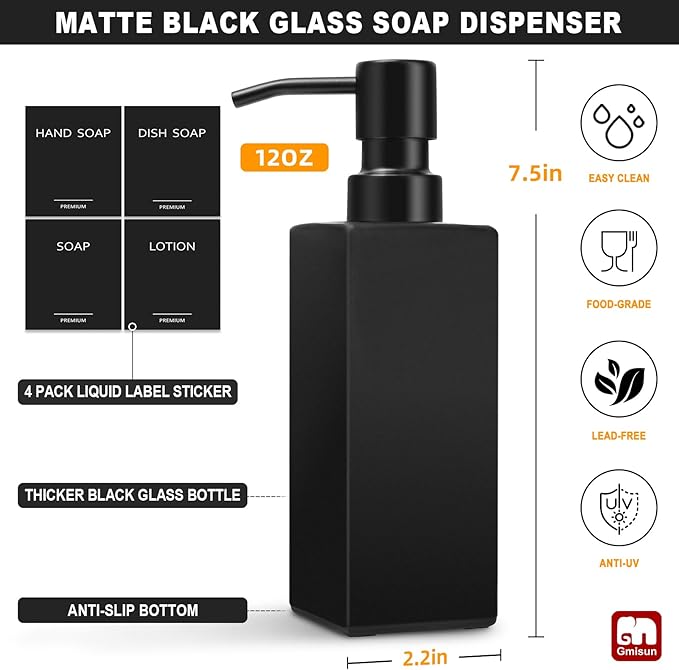 GMISUN Black Soap Dispenser, Hand Soap Dispenser Bathroom, 12oz Glass Soap - Image 2