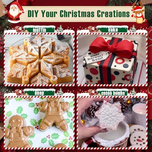 HKNMTT Large Christmas Silicone Molds for Baking Cake Muffins Oven Safe Freezing Soap Candle Cocoa Bomb Food Grade Tray, Deep Snowflake Tree Santa Gingerbread Gift Bell 6 Holiday Shapes Mould 2PCS - Image 2