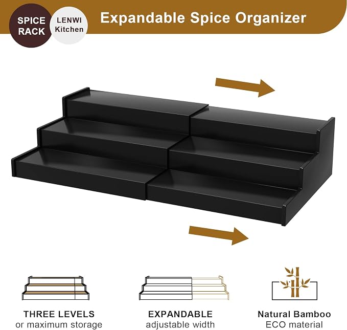Lenwi Spice Rack Organizer for Cabinet, 3 Tier Expandable Bamboo Spice Storage - Image 4