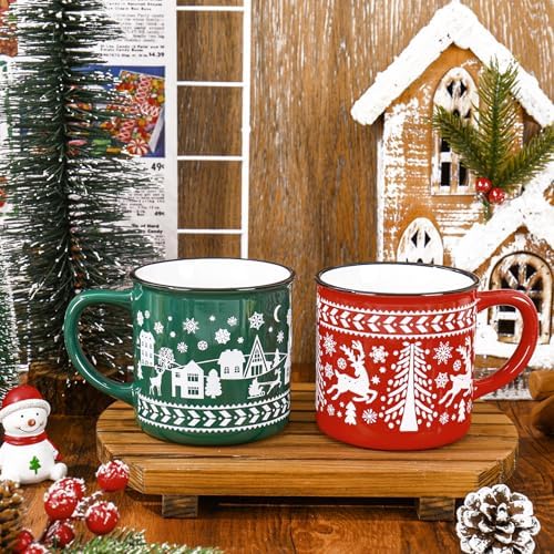 JarThenaAMCS 2Pcs Christmas Enamel Mugs Red Green Christmas Tree Snowflake Elk Ceramic Coffee Cups with Handle Holiday Drinking Mugs for Xmas Winter Party - Image 5