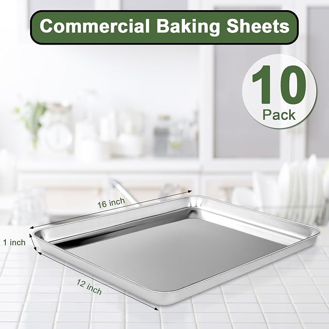 Baking Sheet Tray Set of 10, EWFEN Stainless Steel Baking Pan Cookie Pan Sheet - Image 2