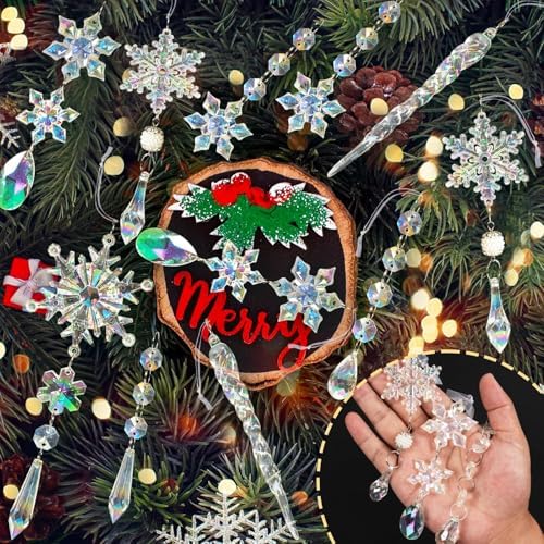 Crystal Christmas Tree Ornaments, 48pcs Iridescent Acrylic Snowflake Icicle - Image 3