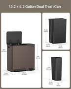 Dual Trash and Recycling Bins for Kitchen, 13.2 + 5.2 Gal Stainless Steel Trash - Image 6