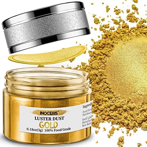 INOCERIS Edible Luster Dust, 5 Grams Food Grade Gold Cake Dust Shimmer Metallic Gold Food Coloring Powder for Cake Decorating, Baking, Fondant, Chocolate, Candy, Drinks, Cookies by INOCERIS