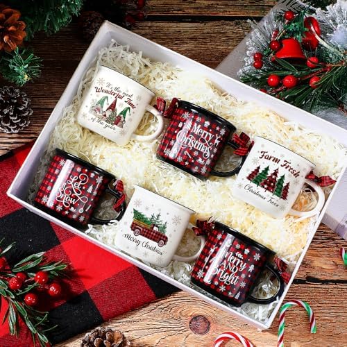 6 Pcs Christmas Mini Coffee Mugs Gifts with Plaid Ribbons Red Black Plaid Xmas Tree Truck 5 oz Christmas Ceramic Cups for Tiered Tray Decor Holiday Party Bar Kitchen Decorations - Image 2