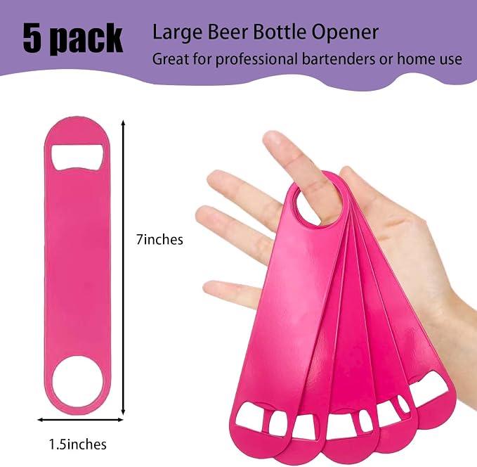 5 Pcs Pink Stainless Steel Heavy Duty Flat Bottle Openers, 7 Inch Solid Beer - Image 2