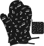 Music Notes Oven Mitts and Pot Holders Sets of 3 Black Hot Pads Musicial Oven - Image 2