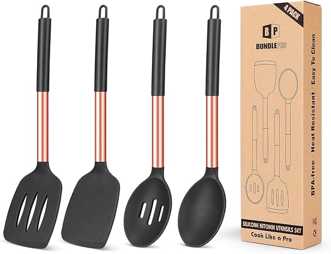 Pack of 4 Silicone Cooking Utensils Set, Non Stick Large Solid Spatulas by BUNDLEPRO