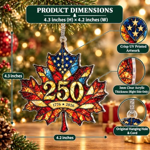 USA 250th Anniversary Ornament - Patriotic Maple Leaf Ornament 1776-2026 - America 250 Christmas Decor - Historic Keepsake - Gift for Patriots - Image 4
