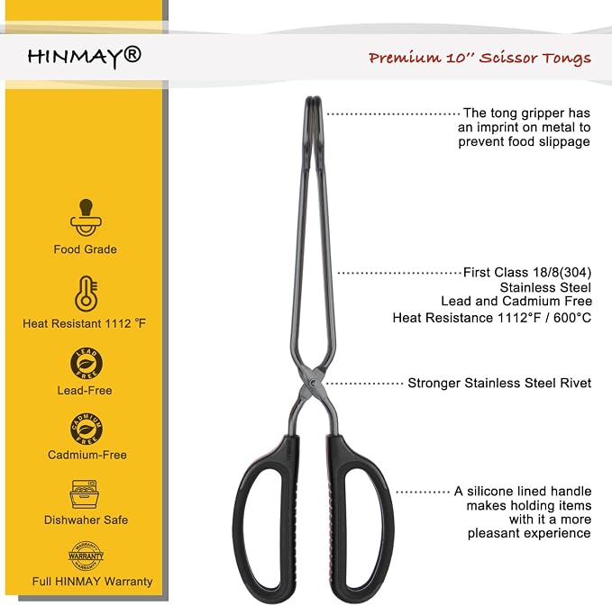 HINMAY 10" Stainless Steel Scissor Tongs - Image 2