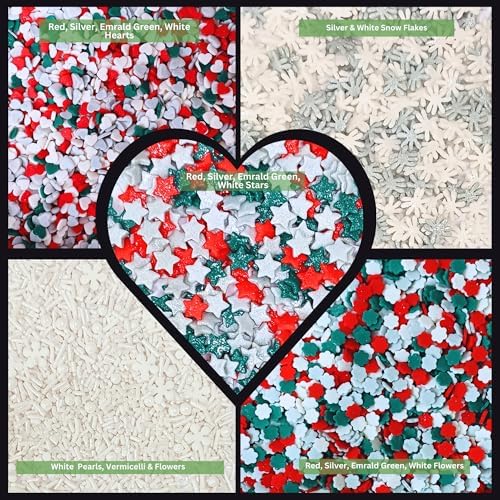 Confect Christmas Sprinkles | Mix Edible Red Green Silver & White Heart & Star | Silver & White Snowflakes Jimmies & Pearls | Cake Decorating Sprinkles - 5 Oz - Image 2