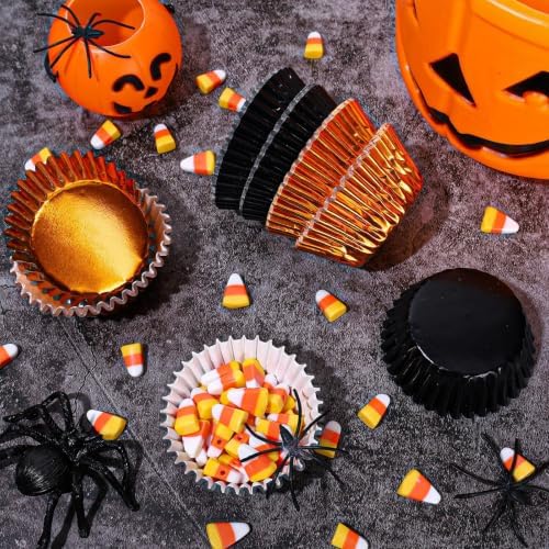JarThenaAMCS 200Pcs Halloween Cupcake Liners Black Orange Foil Metallic Baking Cups Muffin Wrappers for Halloween Party Supplies - Image 4