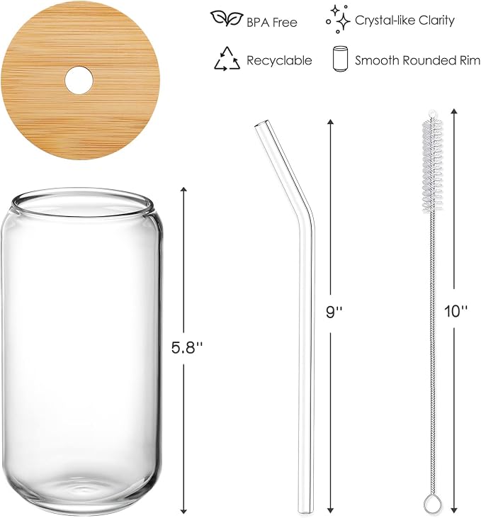 NETANY Drinking Glasses with Bamboo Lids and Glass Straw - 16oz Glass Cups - Image 7