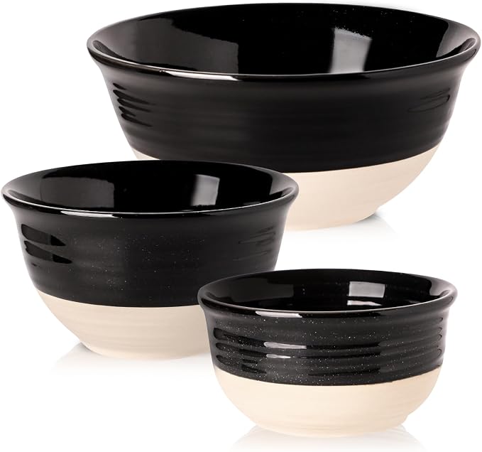 HASENSE Ceramic Mixing Bowls Set of 3, 84/40/20 Oz Black & Beige Stoneware Bowls by Hasense