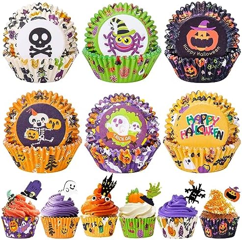 Halloween Cupcake Liners with Toppers Picks, Standard Wrappers Cupcake Disposable Baking Cups Muffin Liners for Halloween Party Decorations Supplies (150 Liners & 150 Toppers) by Homyplaza