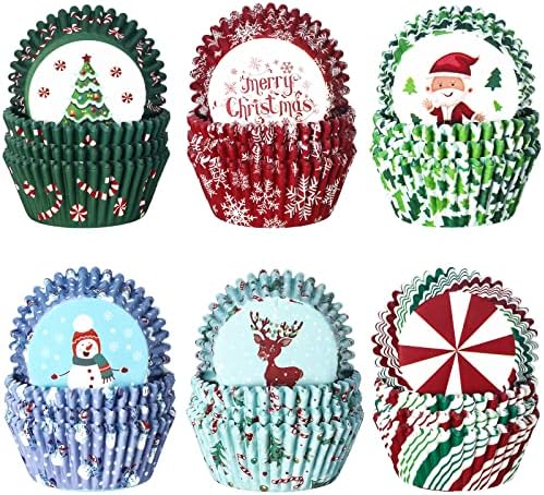 CHENGU 600 Pieces Christmas Cupcake Wrappers, Candy Santa Claus Cupcake Liners Snowman Xmas Colorful Paper Baking Cups for Cake Make Baking Supplies, 6 Styles(Candy Styles) by CHENGU