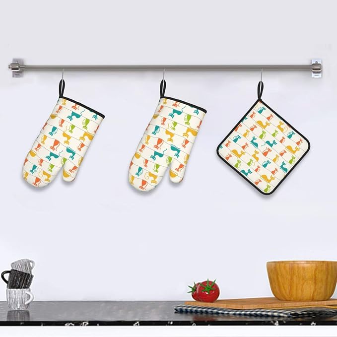 Mid Century Modern Cats Oven Mitts and Pot Holders Set Heat Resistant Cute Oven - Image 6