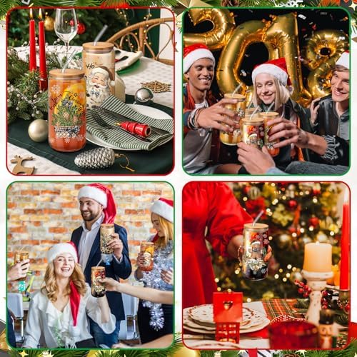 6 Set Christmas Glasses Cups with Bamboo Lid and Glass Straw 16 oz Vintage Christmas Drinking Cup Santa Gingerbread Beer Iced Coffee Cup Xmas Tumbler Mugs for Women Men Holiday Party Gifts - Image 5