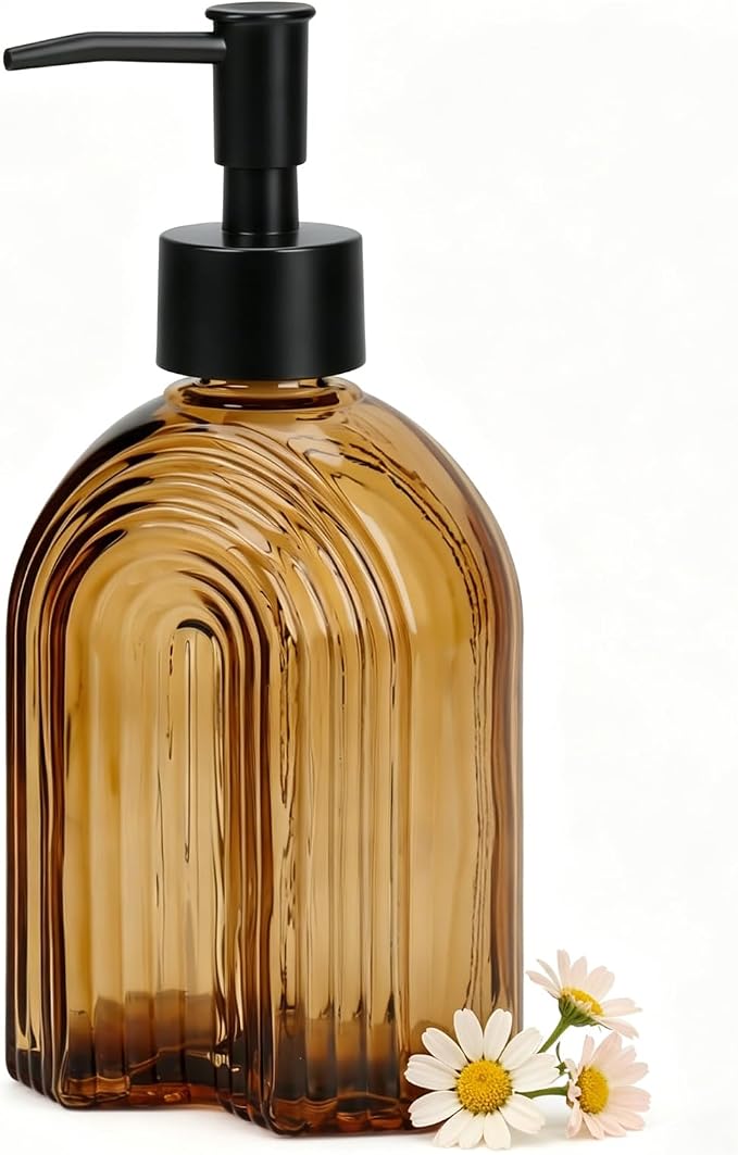 Black Pump Glass Soap Dispenser, 12oz Brown Stripe Countertop Refillable Liquid by YYTSGG