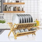 KKTONER Bamboo Dish Drying Rack 2 Tier Foldable Plate Organizer Collapsible - Image 2