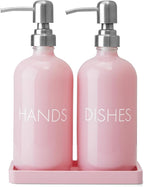 Pink Glass Dish and Hand Soap Dispenser Set by Unknown