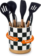LoeJan 3 Compartment Utensil Holder, Extra Large Utensil Crock, Stable Ceramic by LoeJan