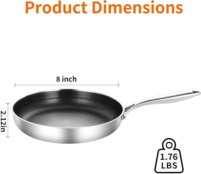 DELARLO 8 inch Tri-Ply Stainless Steel Omelette Pans Nonstick Ceramic Frying Pan - Image 4