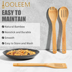 IOOLEEM Bamboo Wooden Spoons for Cooking 6 Pcs 12 Inch, Non-Stick Wooden - Image 3