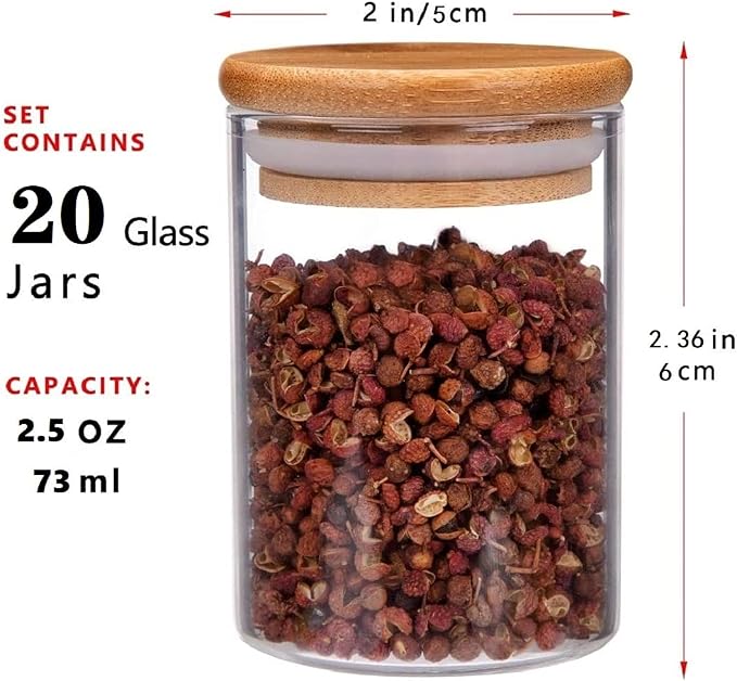 20 Pcs Glass Spice Jars with Airtight Bamboo Lids, Labels and Pen, 2.5oz Mini - Image 6