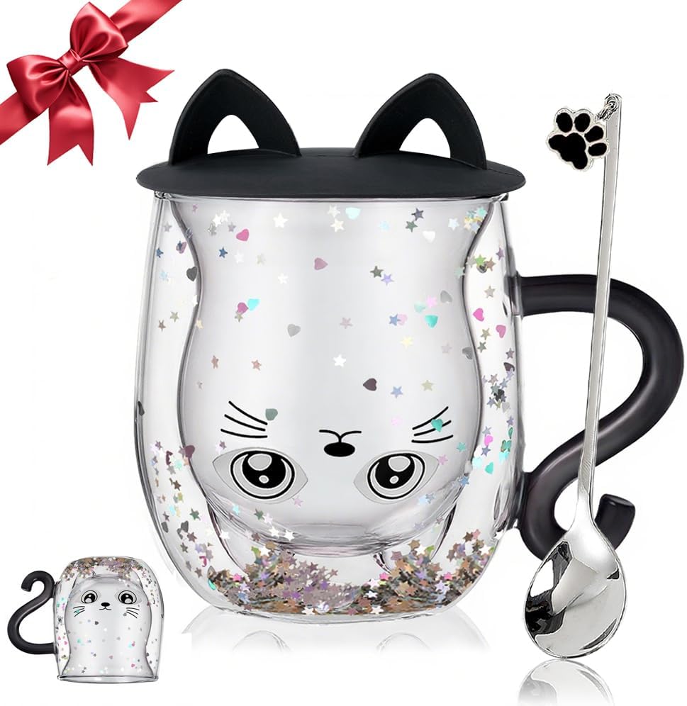 Glittery Black Cat Double Walled Glass Coffee Mugs Coffee Cup Birthday Gift by WELOCMETOBINOSTER