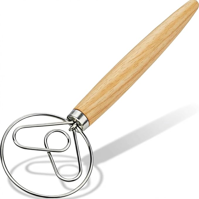 Danish Dough Whisk with Dough Hook Stainless Steel Wooden Handle by YIGEDA