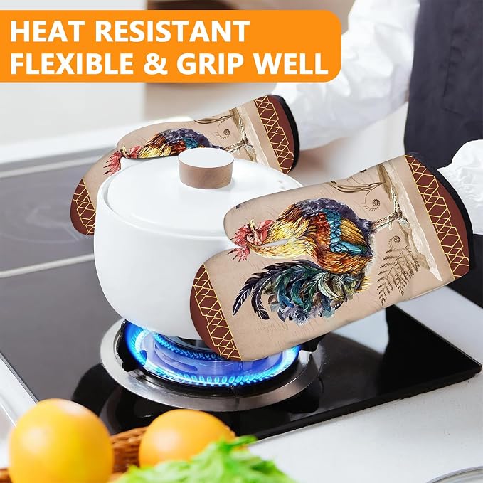 Rooster Oven Mitts and Pot Holders Sets 4Pcs, Extra Long Oven Gloves Potholder - Image 6