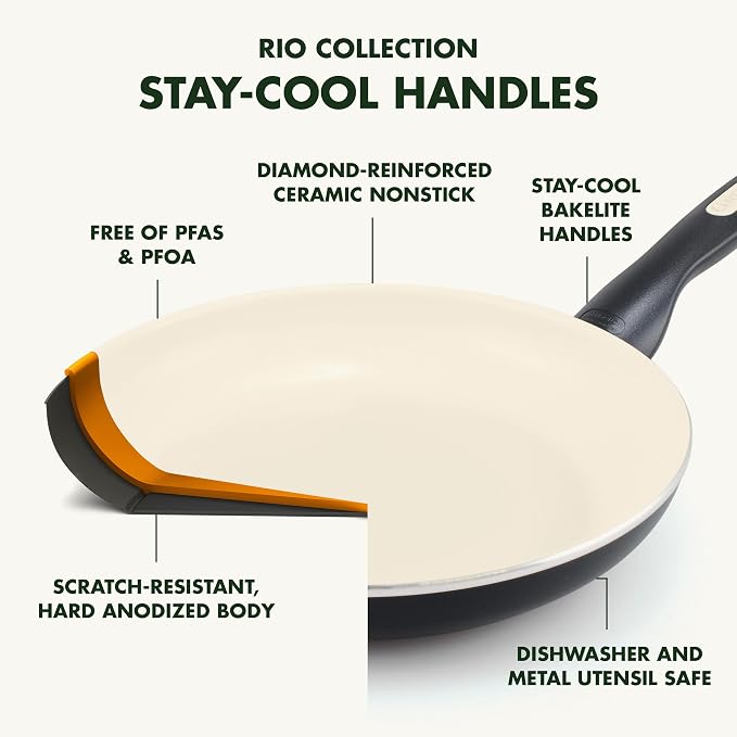 GreenPan Rio 16 Piece Cookware Pots and Pans Set, Hard Anodized Healthy Ceramic - Image 4