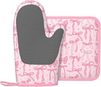 Pink Cute Ribbon Bow Silicone Oven Mitts Pan Mats Set of 2, Heat Resistant - Image 2